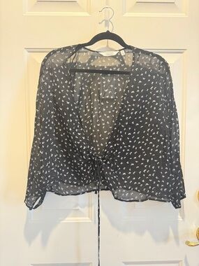 & Other Stories Black Sheer Tie-Front Blouse with White Micro Floral